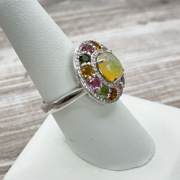Welo Opal Ring W/ Multicolored Tourmaline Gemstones Zircon Halo Sterling Sz 7.75 - Picture 6 of 9